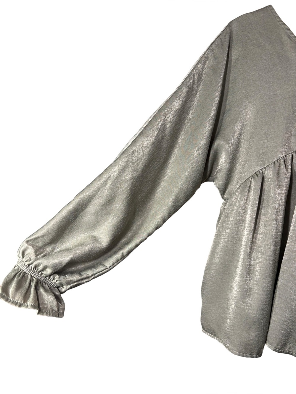 SAVANNA JANE | Womens Sage V-Neck Peplum Babydoll Blouse S Boho Shimmer Tie Back - Picture 5 of 11